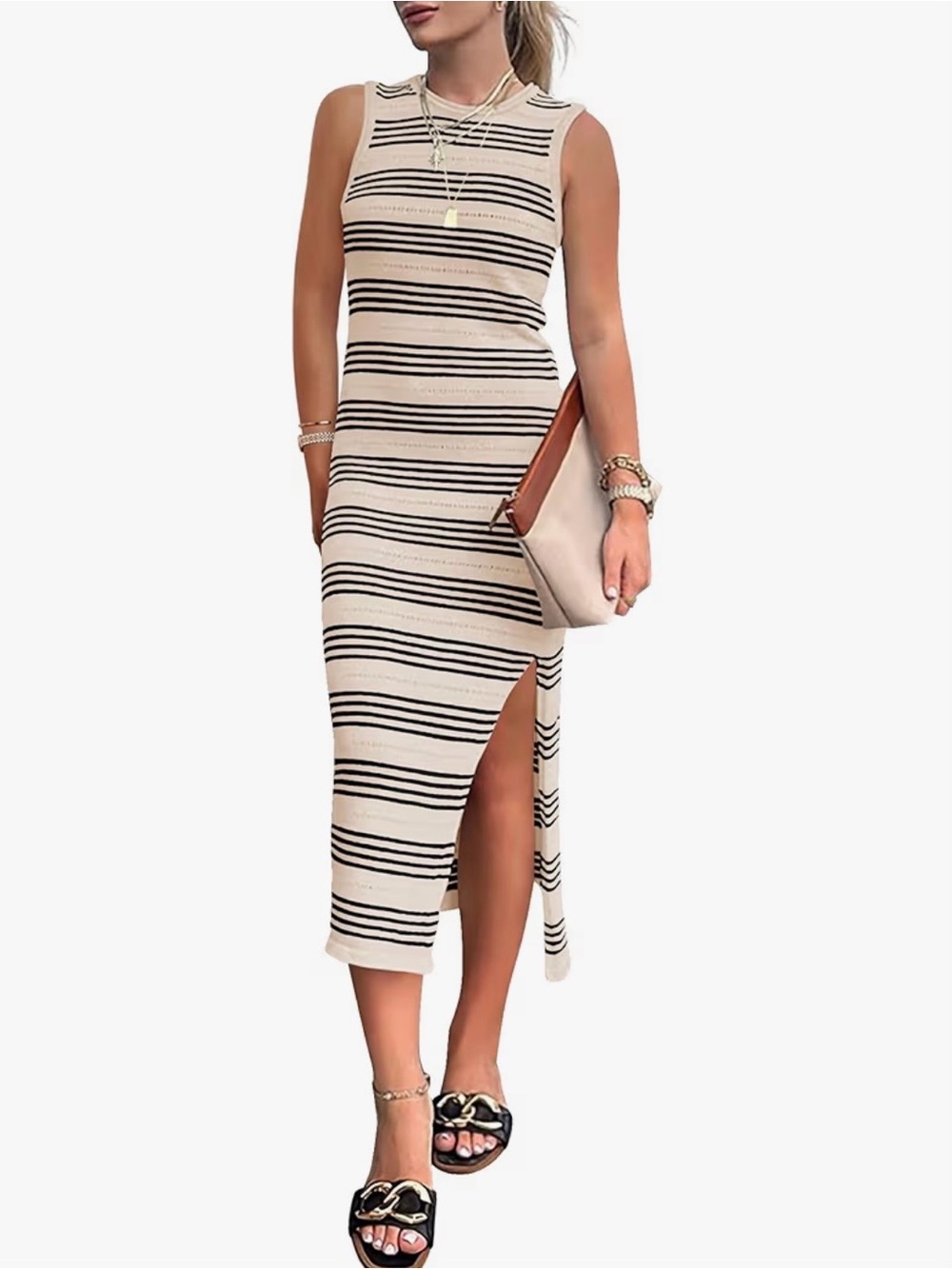 Sleeveless Striped Midi Dress with Side Slit - Beige/Dark Navy
